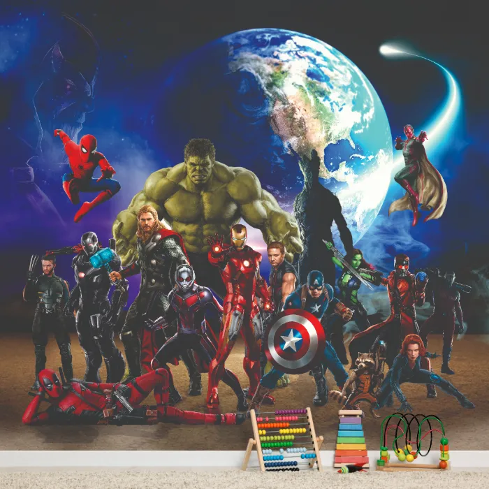 Papel de Parede Vingadores Infantil com Heróis Marvel e Planeta Terra ao Fundo