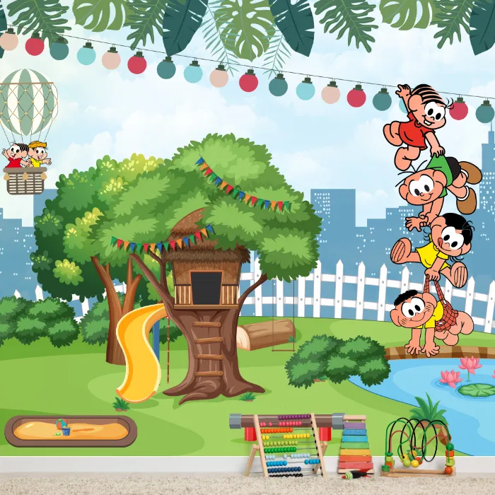 Papel de Parede Turma Infantil no Parque com Casinha na Árvore e Lago Encantado