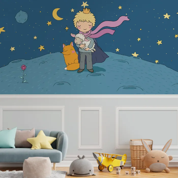 Papel de Parede Pequeno Príncipe Infantil com Raposa e Céu Estrelado para Quarto de Menino