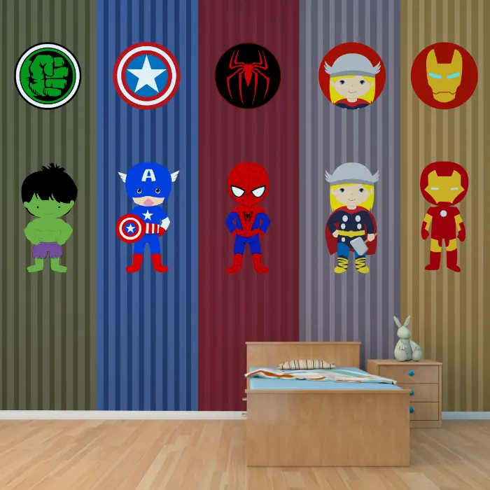Papel de Parede Super-Heróis Infantil com Personagens Estilo Baby para Quarto de Menino