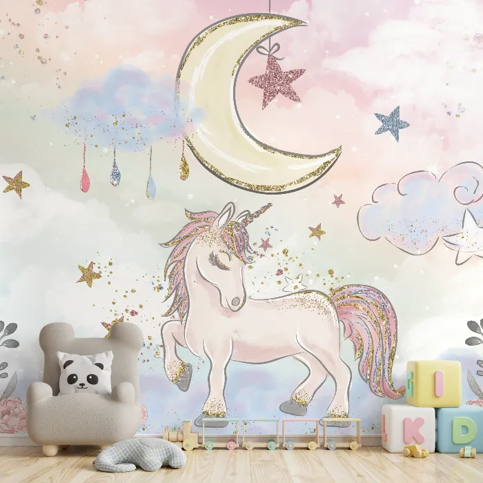 Papel de Parede Unicórnio Encantado com Lua e Estrelas para Quarto Infantil