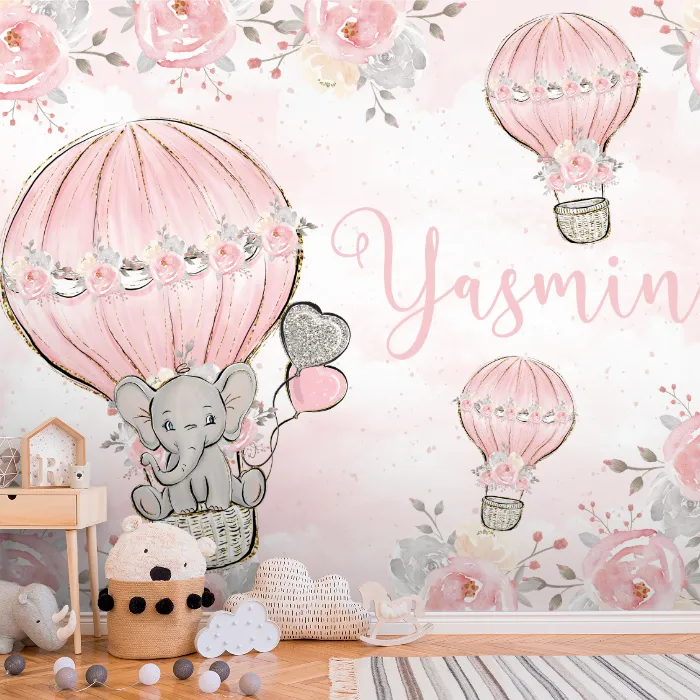 Papel de Parede Elefantinha Baloeira Rosa Personalizado com Nome