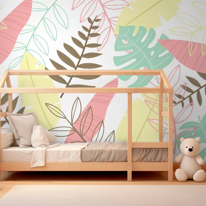 Papel de Parede Folhagem Tropical em Tons Pastel