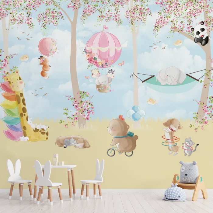 Papel de Parede Jardim Encantado Baby com Animais e Balões