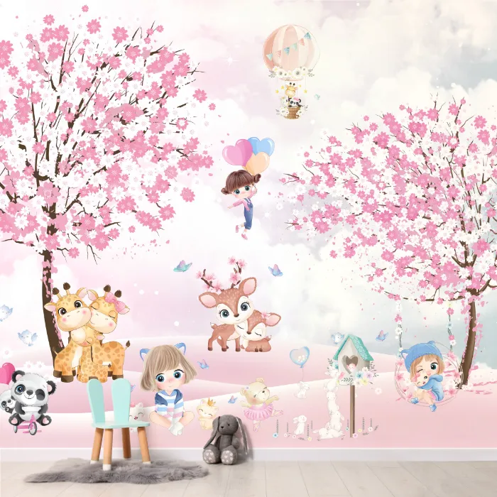 Papel de Parede Jardim Encantado Rosa com Meninas e Animais