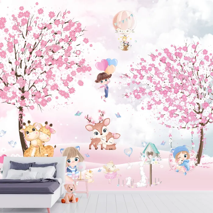 Papel de Parede Jardim Encantado Rosa com Meninas e Animais