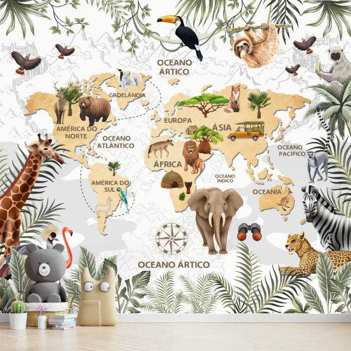Papel de Parede Mapa Mundi Safari com Animais Selvagens e Continentes