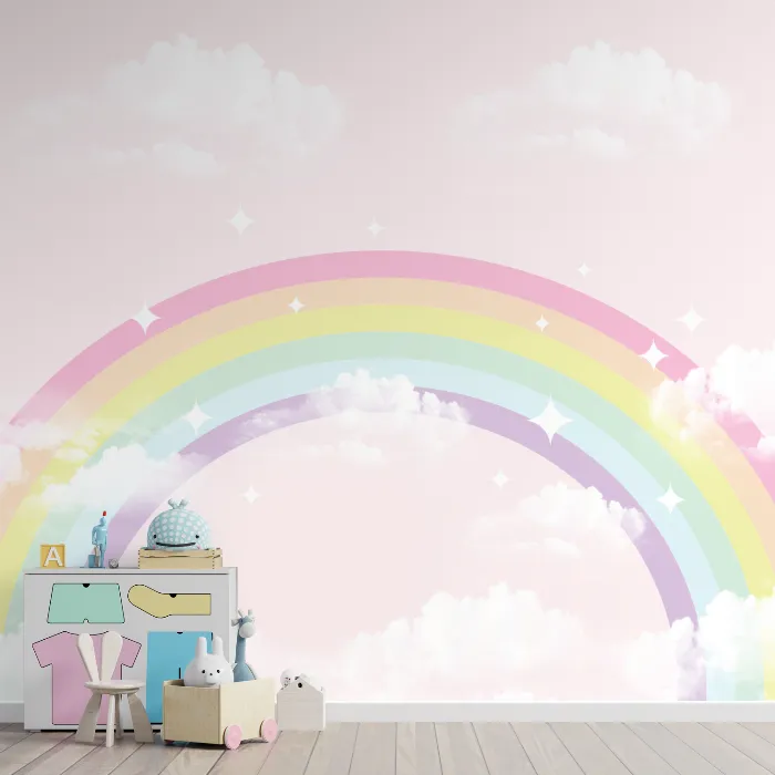 Papel de Parede Arco-Íris Candy Colors com Nuvens e Estrelas para Quarto Infantil