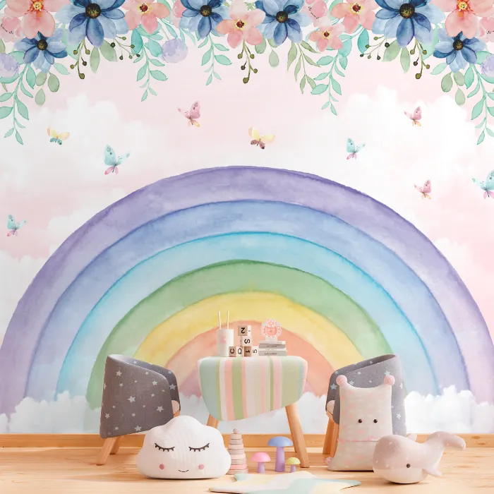 Papel de Parede Arco-Íris Floral Baby com Flores Delicadas e Borboletas