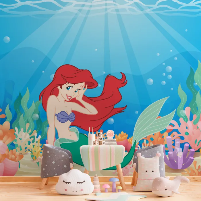 Papel de Parede Ariel Pequena Sereia no Fundo do Mar Encantado Infantil