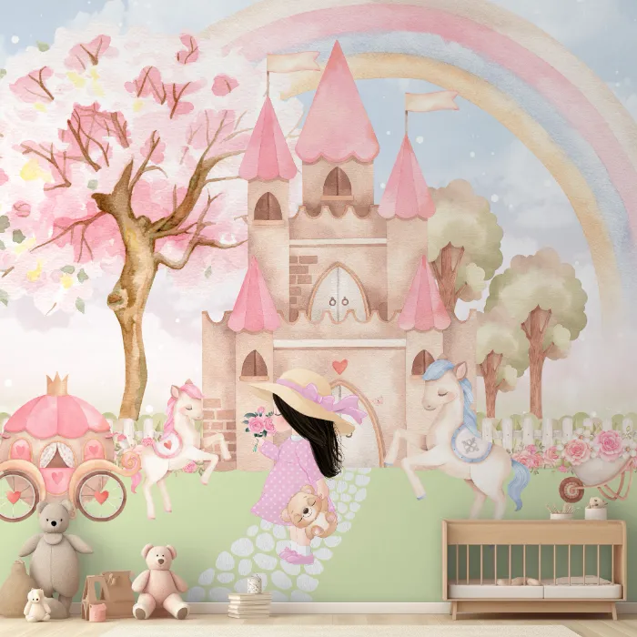 Papel de Parede Castelo Encantado Infantil com Princesa e Unicórnios