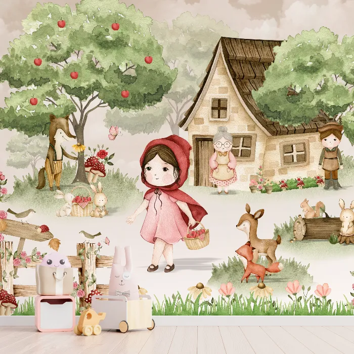 Papel de Parede Chapeuzinho Vermelho no Bosque Encantado Infantil