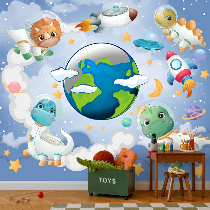 Papel de Parede Dinossauros Astronautas no Espaço Sideral Infantil