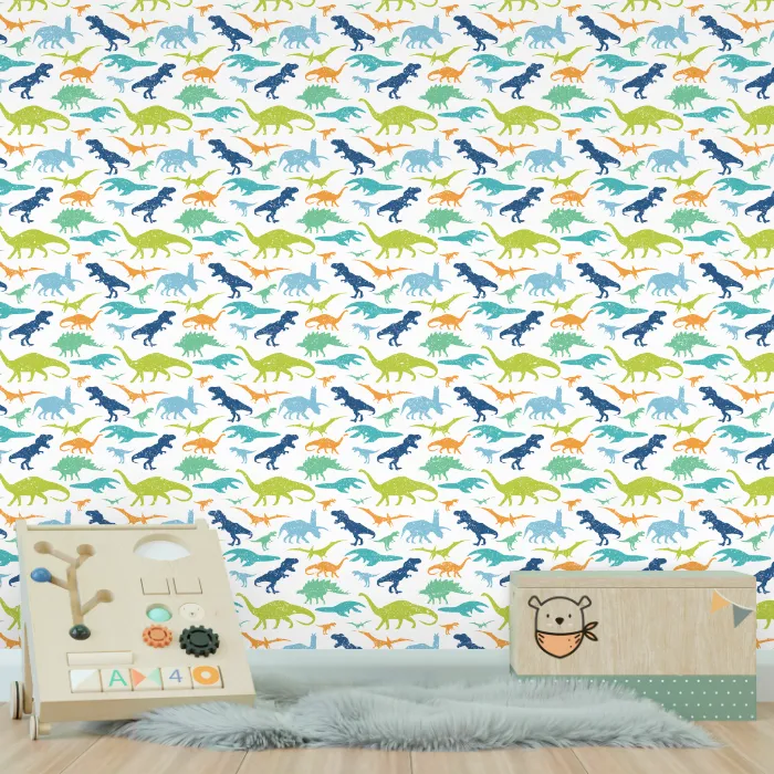 Papel de Parede Dinossauros Coloridos Infantil com Estampa Divertida