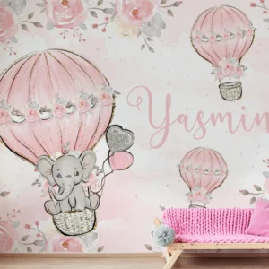 Papel de Parede Elefantinha Baloeira Rosa Personalizado com Nome - Imagem 3