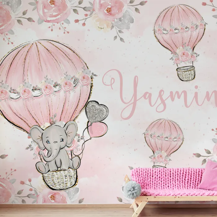 Papel de Parede Elefantinha Baloeira Rosa Personalizado com Nome