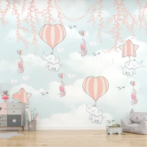 Papel de Parede Elefantinhos Baloeiros com Balões Coração e Nuvens para Quarto de Bebê - Imagem 3