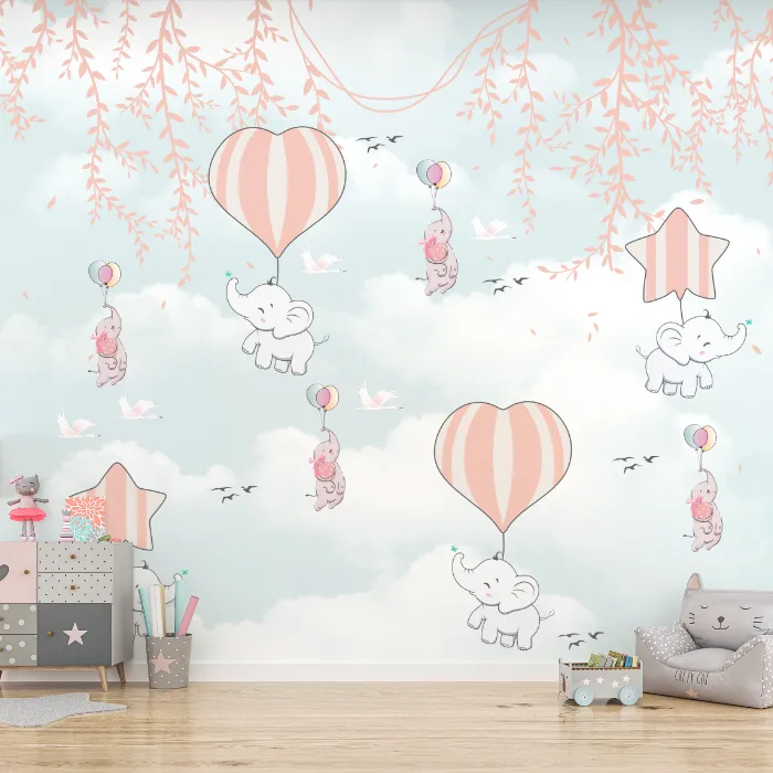 Papel de Parede Elefantinhos Baloeiros com Balões Coração e Nuvens para Quarto de Bebê