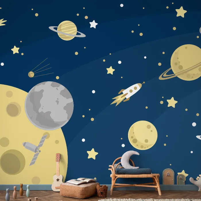 Papel de Parede Espaço Sideral Infantil com Planetas e Foguetes