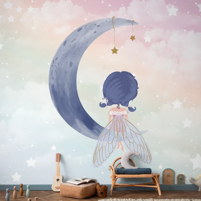 Papel de Parede Fadinha na Lua Encantada em Tons Pastel