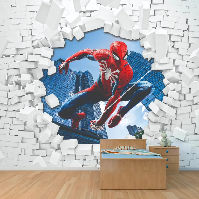 Papel de Parede Homem-Aranha 3D Quebrando a Parede Infantil