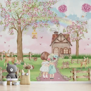 Papel de Parede Jardim Mágico das Amigas com Casa Encantada e Balões Florais - Imagem 3
