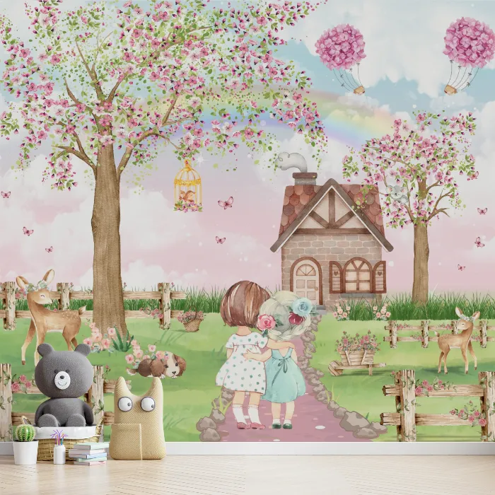 Papel de Parede Jardim Mágico das Amigas com Casa Encantada e Balões Florais
