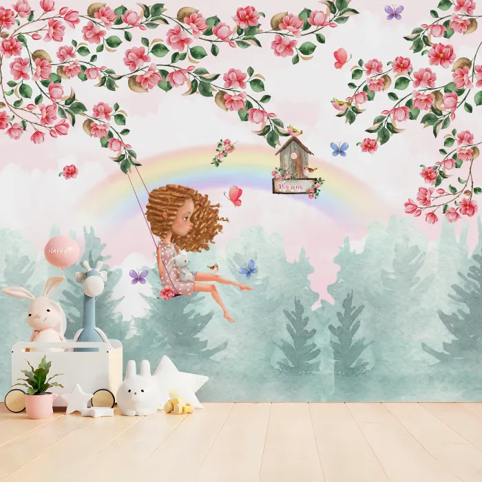 Papel de Parede Menina no Balanço Floral em Jardim Encantado Infantil