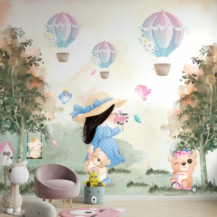 Papel de Parede Menina no Jardim Encantado com Balões Aquarelados Infantil