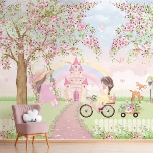 Papel de Parede Meninas no Jardim Mágico com Castelo Encantado e Flores - Imagem 3