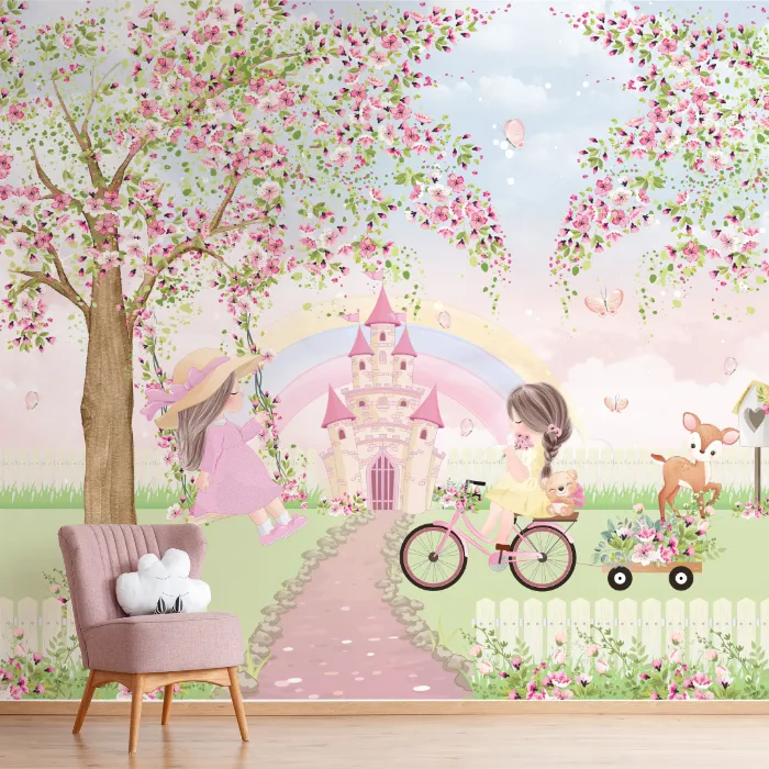 Papel de Parede Meninas no Jardim Mágico com Castelo Encantado e Flores