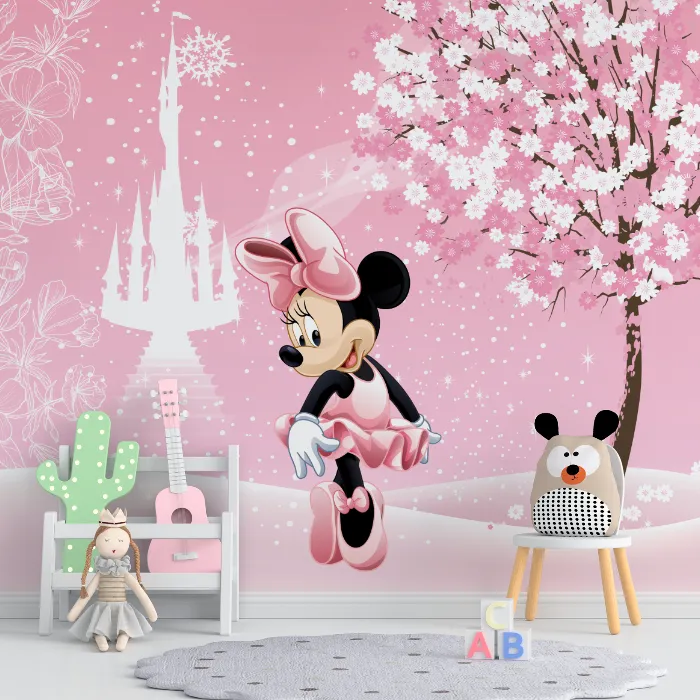 Papel de Parede Minnie Rosa Encantada com Castelo dos Sonhos e Cerejeira