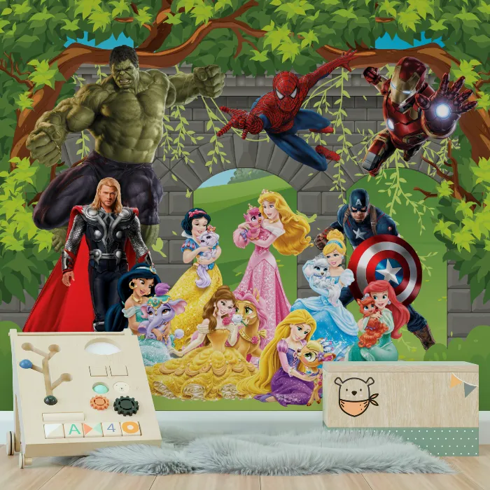Papel de Parede Princesas Disney no Jardim Encantado com Castelo Mágico