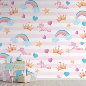 Papel de Parede Princesinha com Arco-Íris, Coroas e Corações Candy Colors - Imagem 3