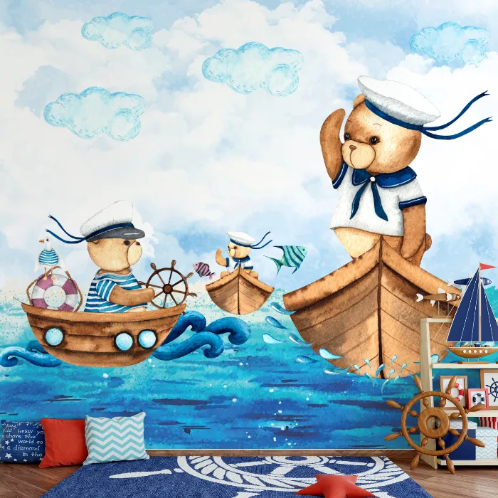 Papel de Parede Ursinhos Marinheiros no Oceano Encantado Infantil