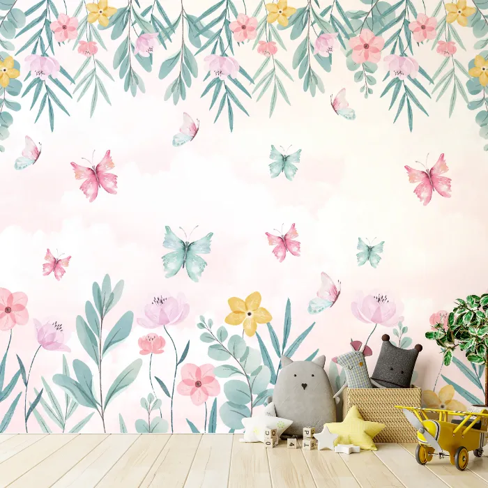Papel de Parede Jardim das Borboletas com Flores Delicadas para Quarto Infantil