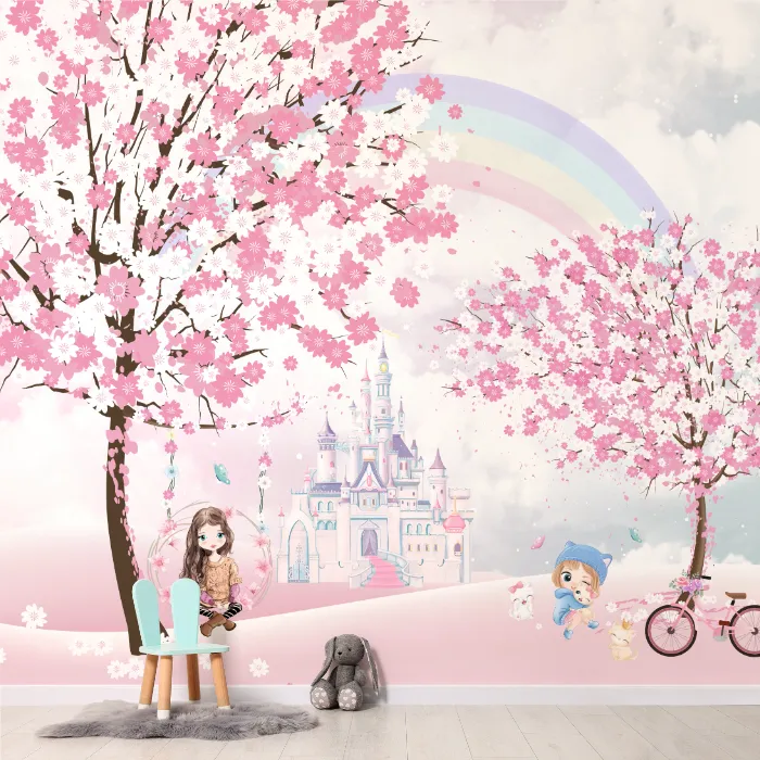 Papel de Parede Jardim Encantado Rosa com Castelo e Cerejeiras para Quarto Infantil