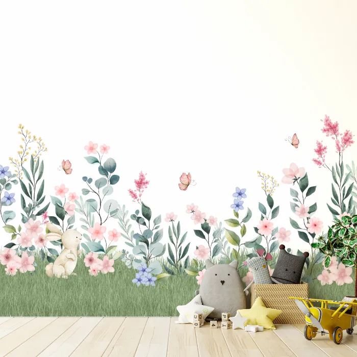 Papel de Parede Jardim Floral Baby com Coelhinho e Flores Delicadas
