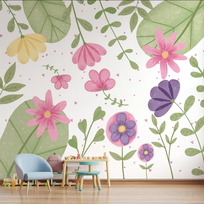 Papel de Parede Jardim Floral com Flores Delicadas para Quarto Infantil