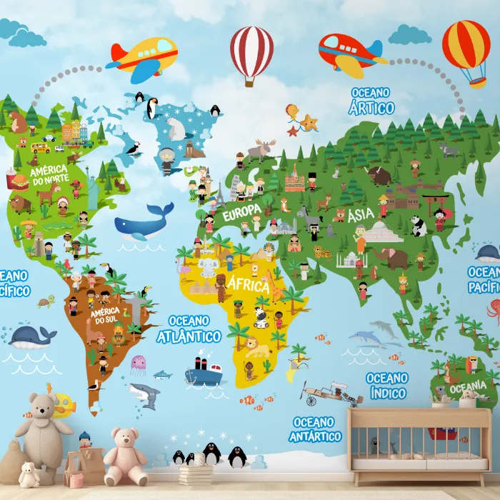 Papel de Parede Mapa Múndi Infantil Educativo com Continentes e Animais do Mundo