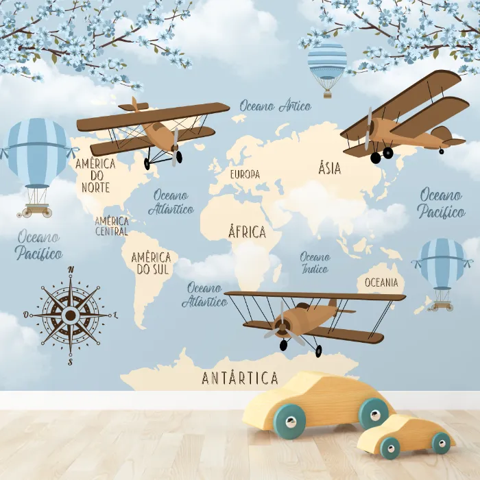 Papel de Parede Mapa Mundi Infantil com Aviões Vintage e Balões Decorativos