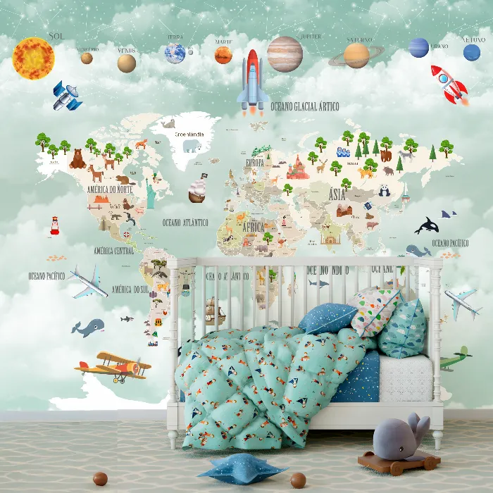 Papel de Parede Mapa Múndi Infantil Educativo com Sistema Solar e Animais