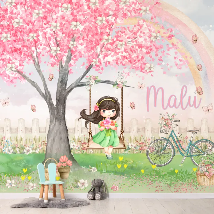 Papel de Parede Menina no Balanço Floral com Árvore Rosa e Arco-Íris