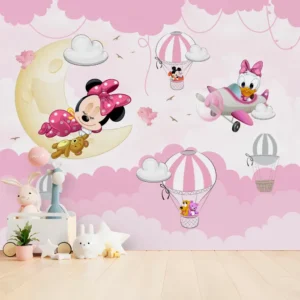 Papel de Parede Minnie Dormindo na Lua com Margarida e Balões Encantados Infantil - Imagem 3
