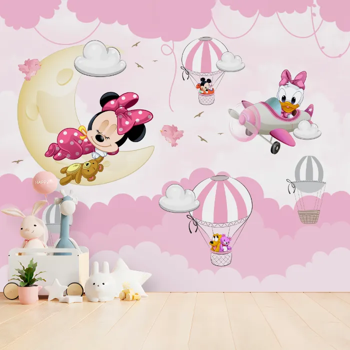 Papel de Parede Minnie Dormindo na Lua com Margarida e Balões Encantados Infantil