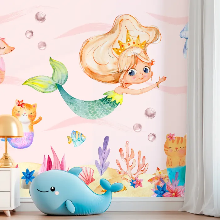 Papel de Parede Sereia Infantil Aquarela com Fundo do Mar Encantado