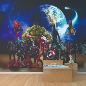 Papel de Parede Vingadores Infantil com Heróis Marvel e Planeta Terra ao Fundo - Imagem 3