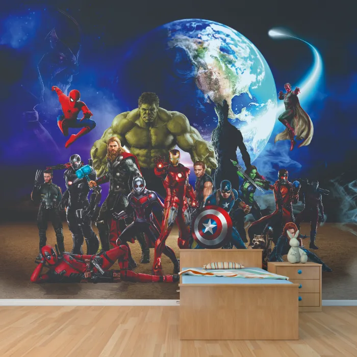 Papel de Parede Vingadores Infantil com Heróis Marvel e Planeta Terra ao Fundo