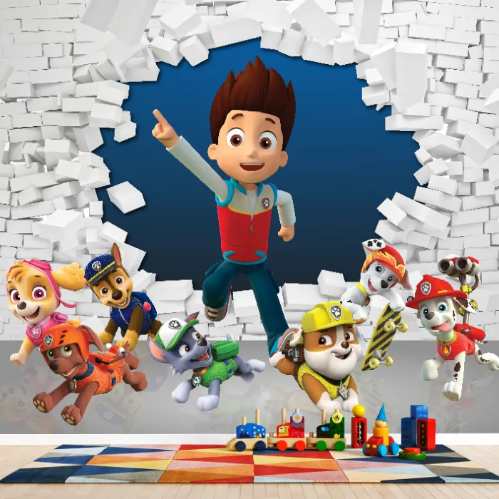 Papel de Parede Patrulha Canina 3D com Ryder e Filhotes Aventureiros