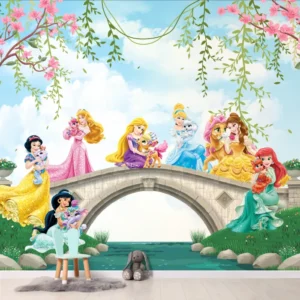Papel de Parede Princesas Disney Infantil com Jardim Encantado e Ponte Mágica - Imagem 3